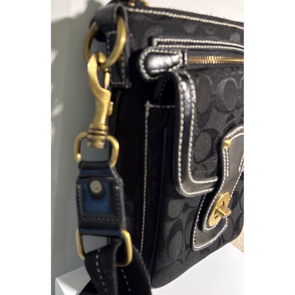 Coach Black Signature Crossbody Canvas Shoulder Bag Hippie Turnlock Monogram - Picture 10 of 14